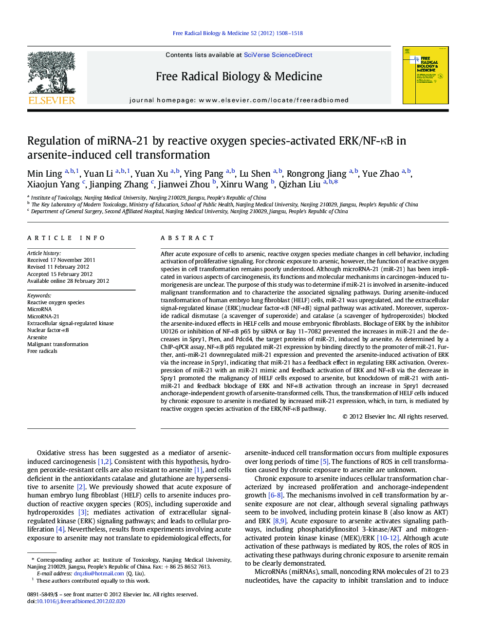 Regulation of miRNA-21 by reactive oxygen species-activated ERK/NF-ÎºB in arsenite-induced cell transformation