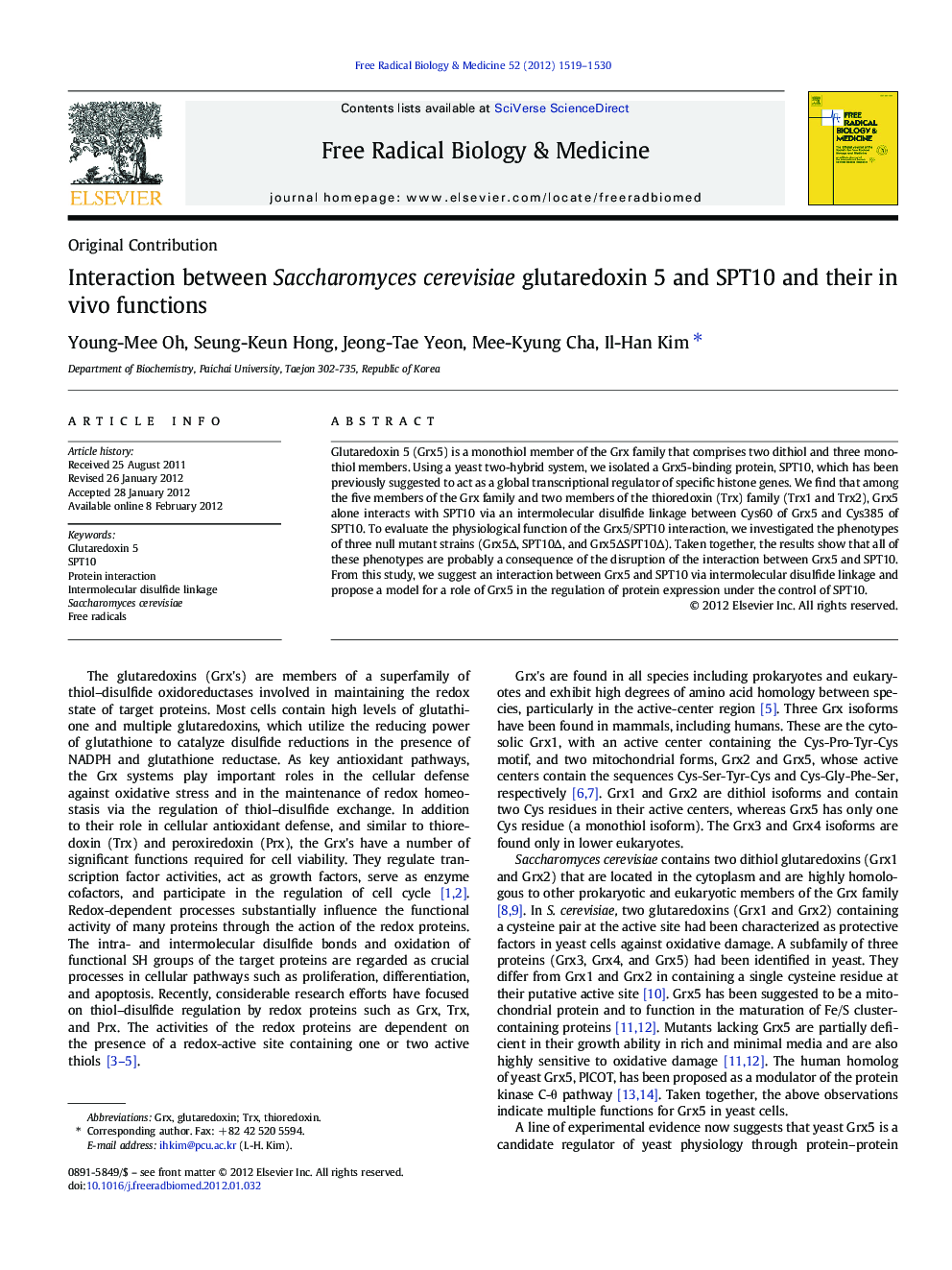 Interaction between Saccharomyces cerevisiae glutaredoxin 5 and SPT10 and their in vivo functions