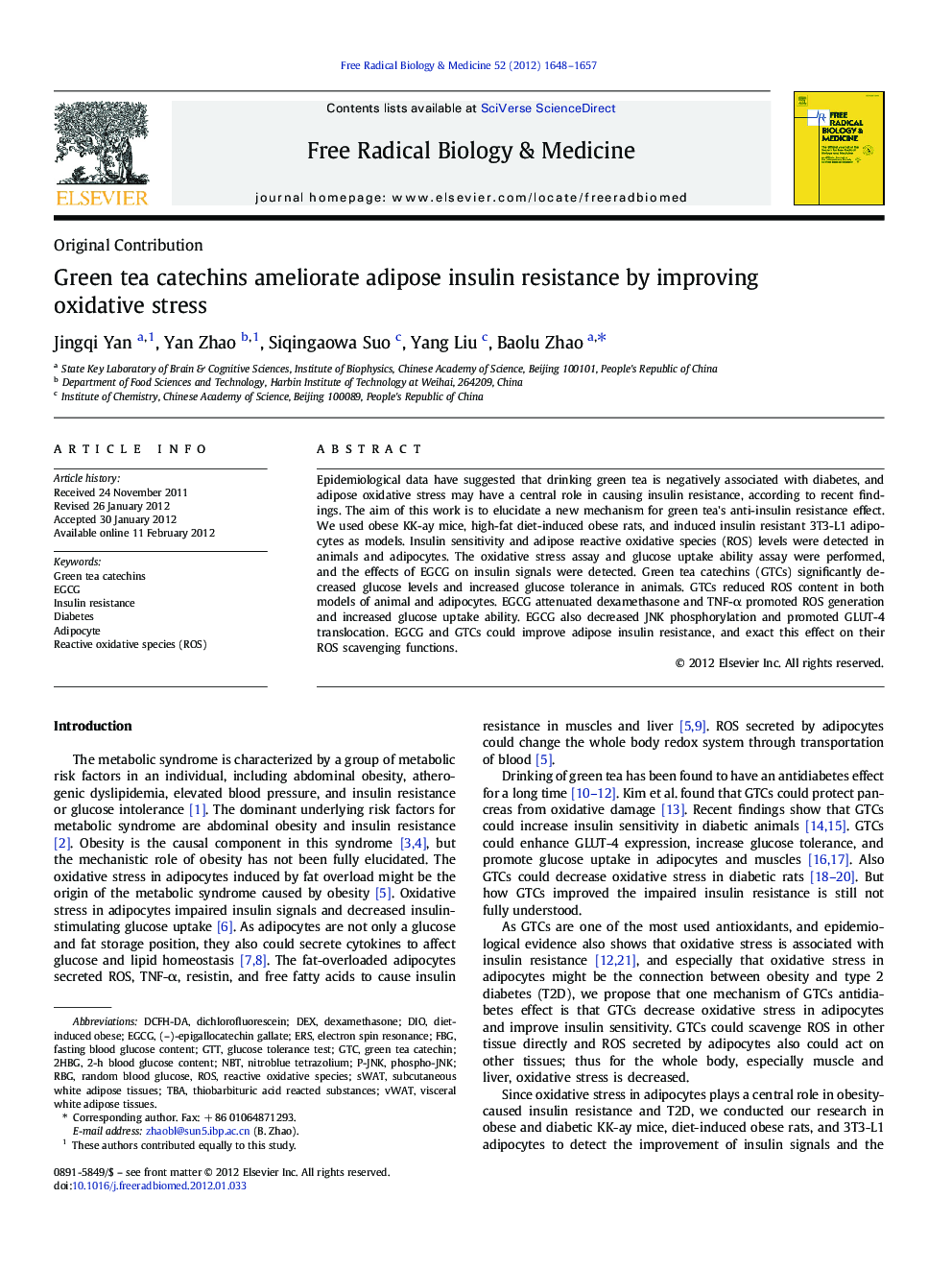 Green tea catechins ameliorate adipose insulin resistance by improving oxidative stress