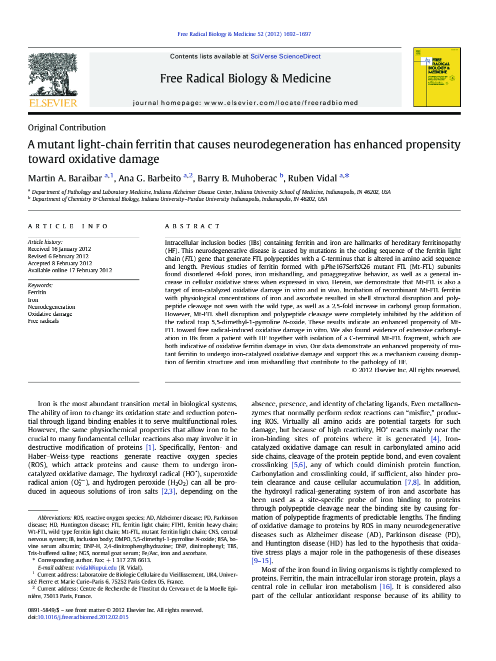 A mutant light-chain ferritin that causes neurodegeneration has enhanced propensity toward oxidative damage