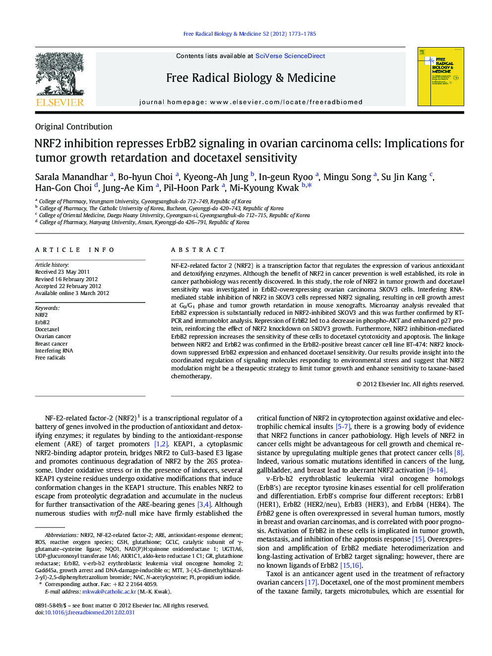 NRF2 inhibition represses ErbB2 signaling in ovarian carcinoma cells: Implications for tumor growth retardation and docetaxel sensitivity