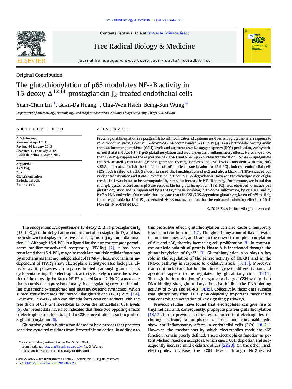 The glutathionylation of p65 modulates NF-ÎºB activity in 15-deoxy-Î12,14-prostaglandin J2-treated endothelial cells