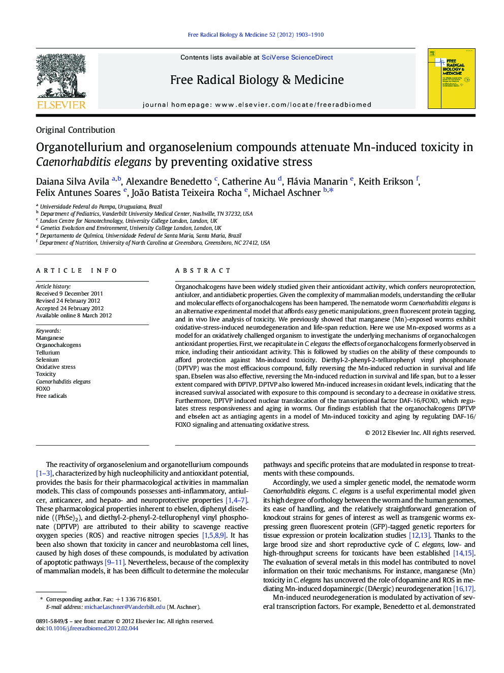 Organotellurium and organoselenium compounds attenuate Mn-induced toxicity in Caenorhabditis elegans by preventing oxidative stress