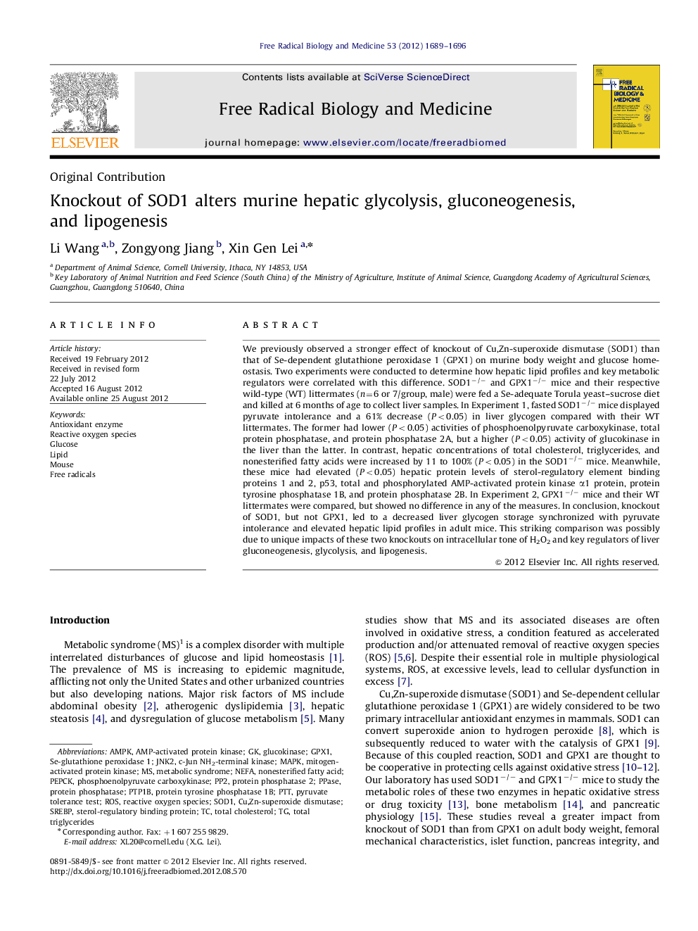 Knockout of SOD1 alters murine hepatic glycolysis, gluconeogenesis, and lipogenesis