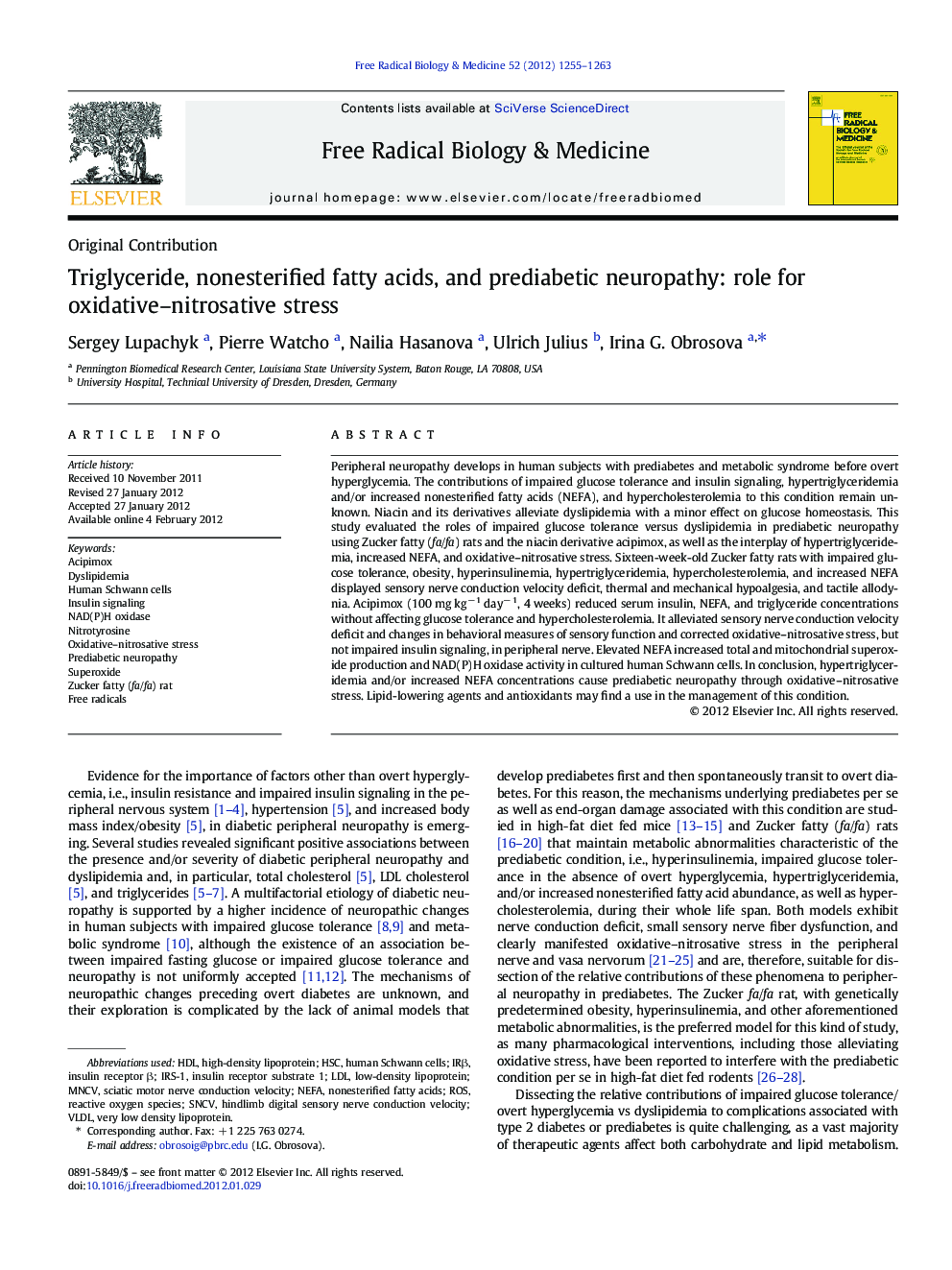 Triglyceride, nonesterified fatty acids, and prediabetic neuropathy: role for oxidative-nitrosative stress