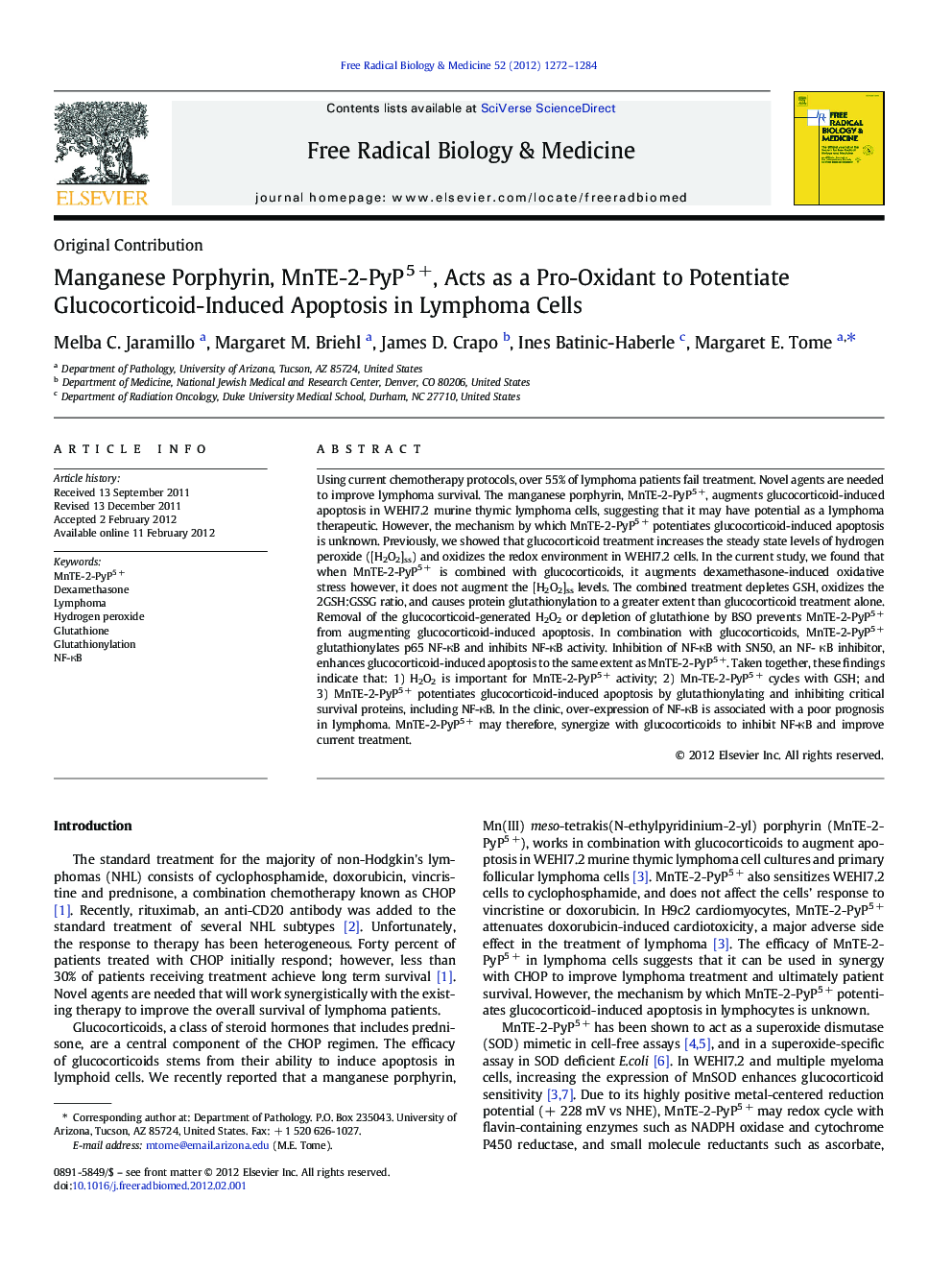 Manganese Porphyrin, MnTE-2-PyP5Â +, Acts as a Pro-Oxidant to Potentiate Glucocorticoid-Induced Apoptosis in Lymphoma Cells