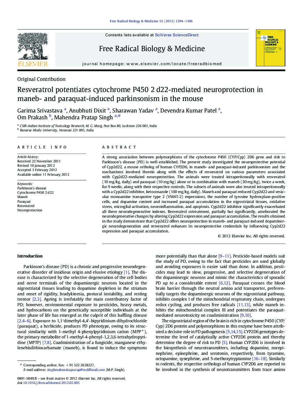 Resveratrol potentiates cytochrome P450 2Â d22-mediated neuroprotection in maneb- and paraquat-induced parkinsonism in the mouse