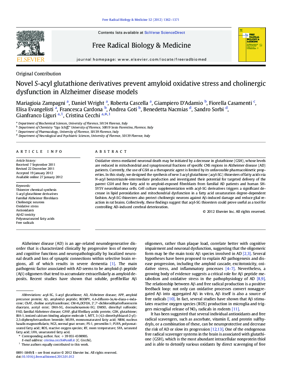 Novel S-acyl glutathione derivatives prevent amyloid oxidative stress and cholinergic dysfunction in Alzheimer disease models