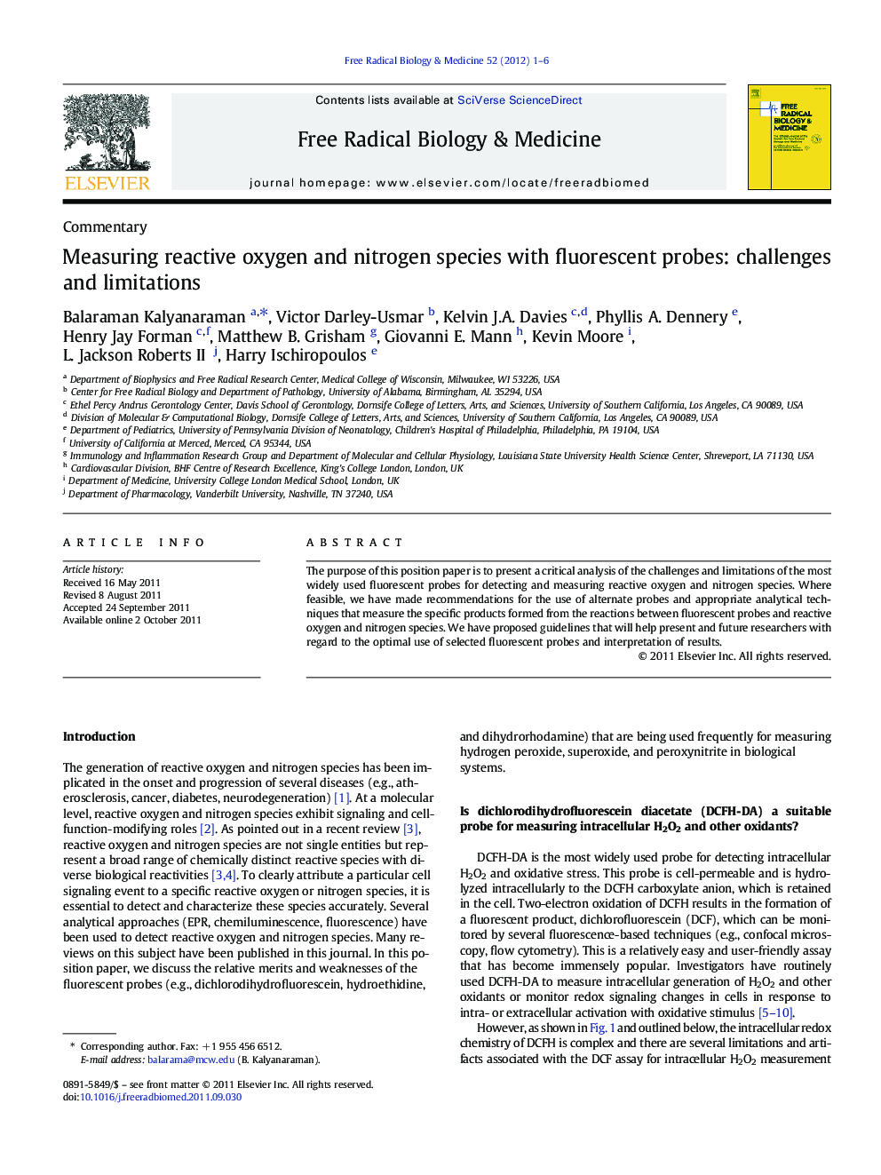 Measuring reactive oxygen and nitrogen species with fluorescent probes: challenges and limitations