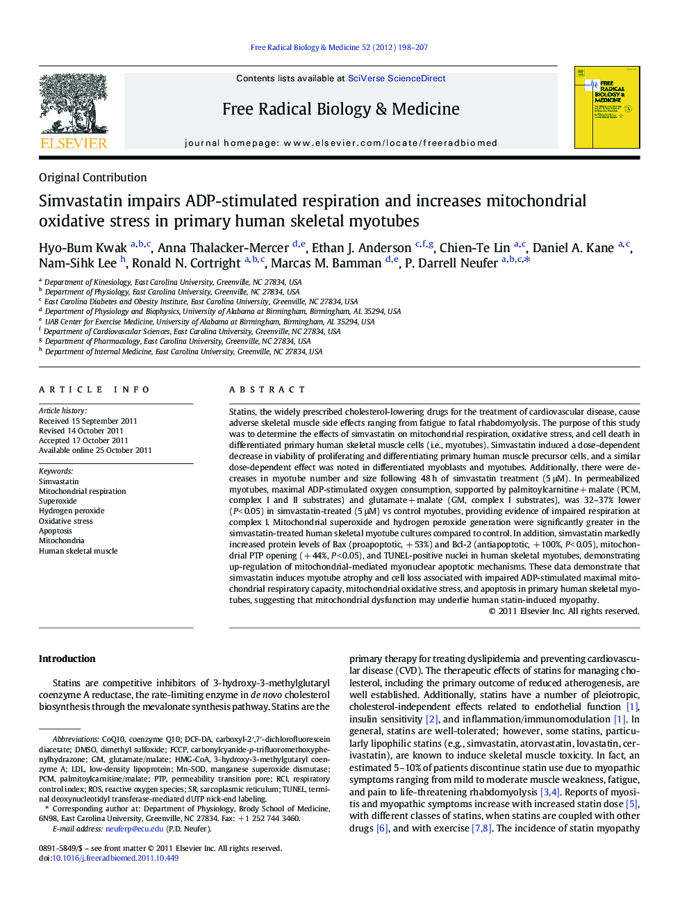 Simvastatin impairs ADP-stimulated respiration and increases mitochondrial oxidative stress in primary human skeletal myotubes