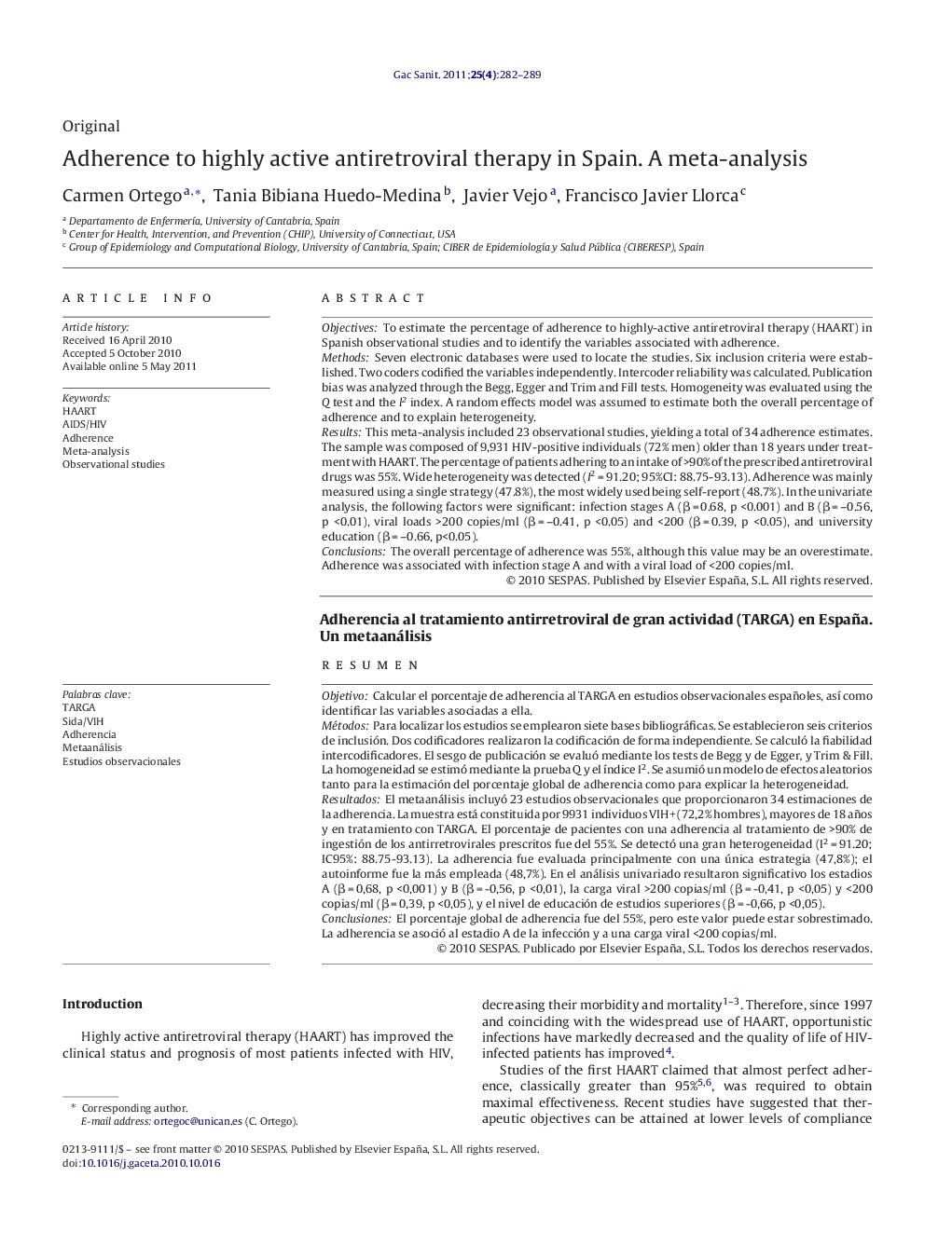 Adherence to highly active antiretroviral therapy in Spain. A meta-analysis