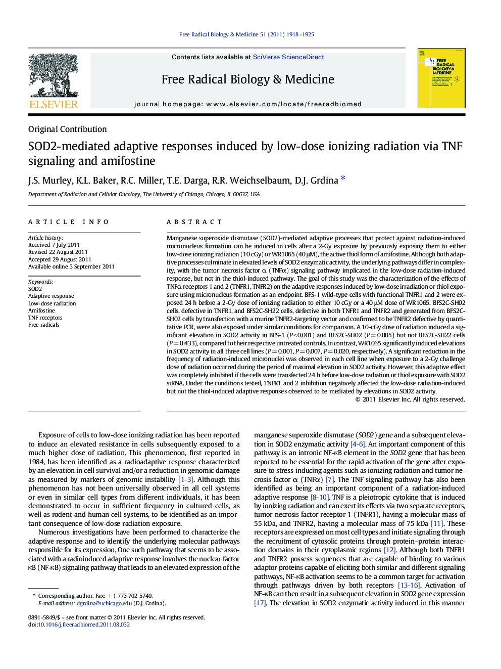 SOD2-mediated adaptive responses induced by low-dose ionizing radiation via TNF signaling and amifostine