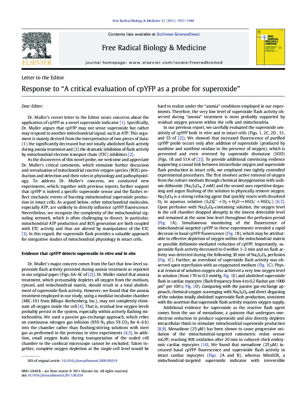 Response to “A critical evaluation of cpYFP as a probe for superoxide”