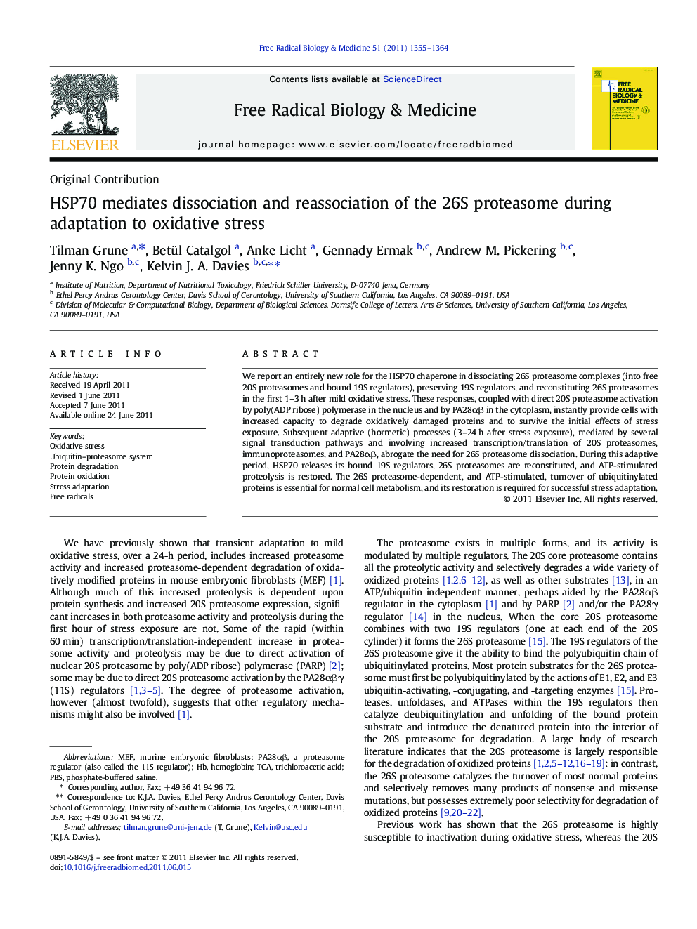 HSP70 mediates dissociation and reassociation of the 26S proteasome during adaptation to oxidative stress