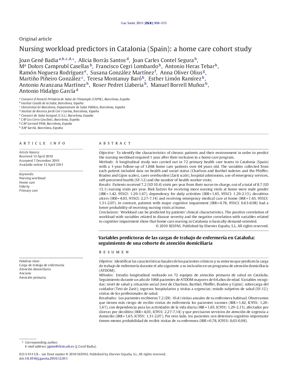 Nursing workload predictors in Catalonia (Spain): a home care cohort study