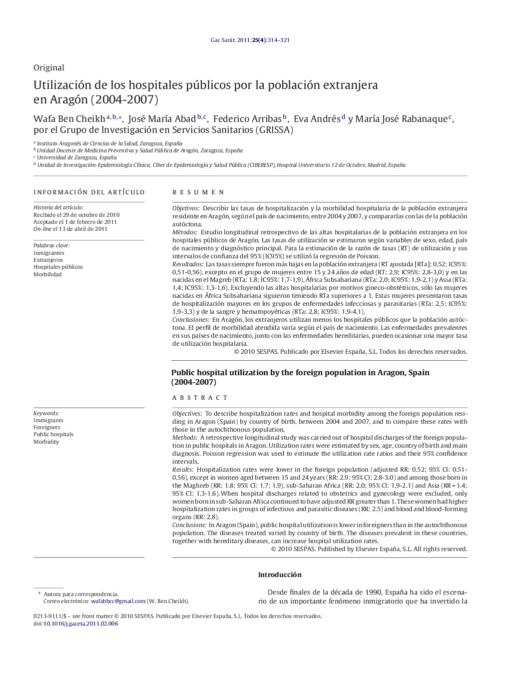 Utilización de los hospitales públicos por la población extranjera en Aragón (2004-2007)