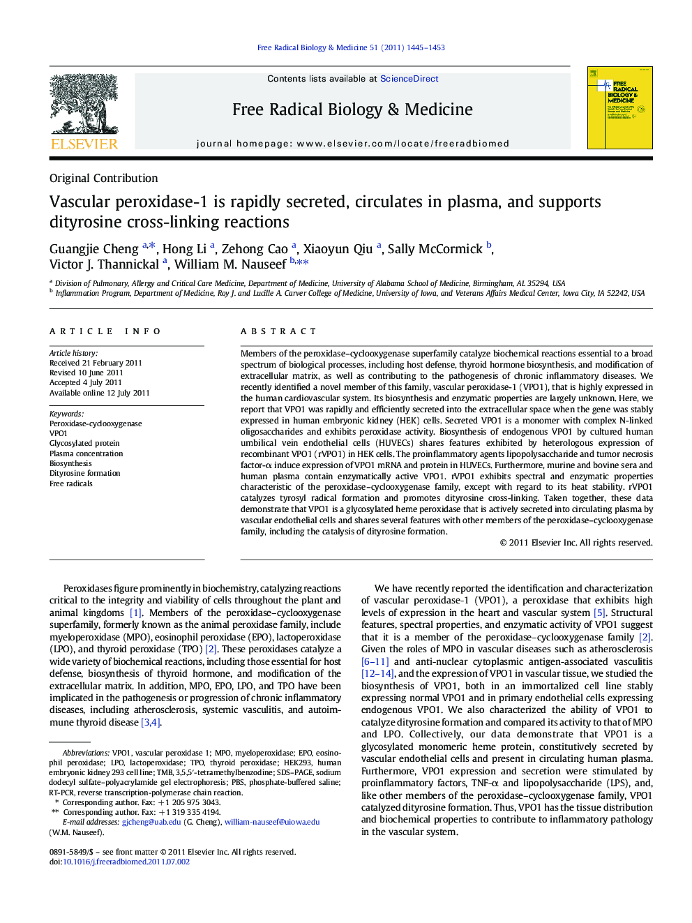 Vascular peroxidase-1 is rapidly secreted, circulates in plasma, and supports dityrosine cross-linking reactions