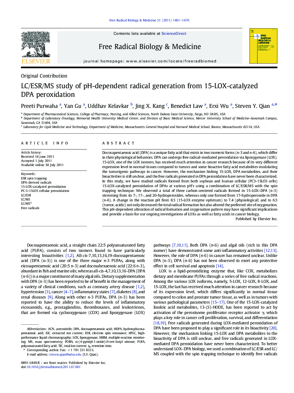 LC/ESR/MS study of pH-dependent radical generation from 15-LOX-catalyzed DPA peroxidation