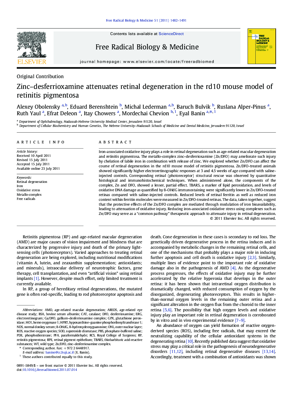 Zinc-desferrioxamine attenuates retinal degeneration in the rd10 mouse model of retinitis pigmentosa