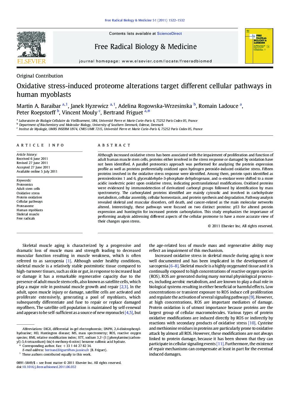 Oxidative stress-induced proteome alterations target different cellular pathways in human myoblasts