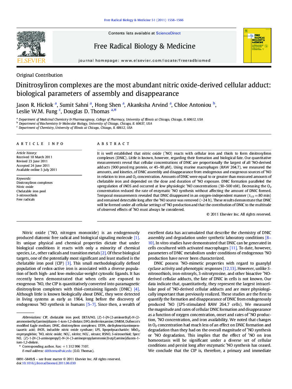 Dinitrosyliron complexes are the most abundant nitric oxide-derived cellular adduct: biological parameters of assembly and disappearance