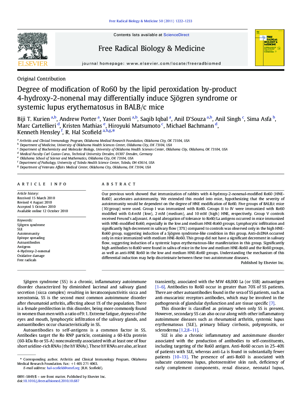 Degree of modification of Ro60 by the lipid peroxidation by-product 4-hydroxy-2-nonenal may differentially induce Sjögren syndrome or systemic lupus erythematosus in BALB/c mice