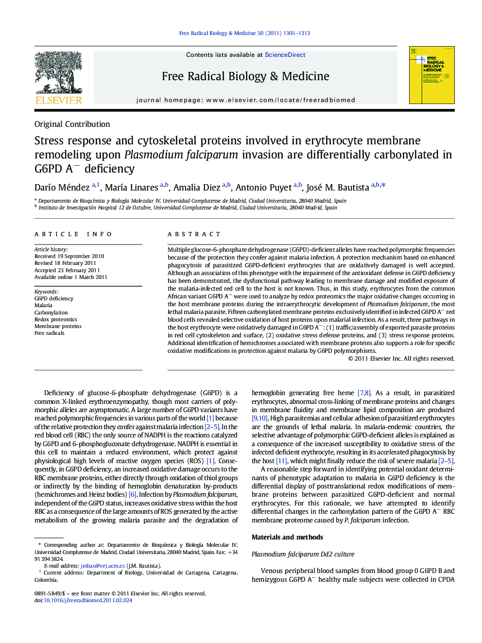 Stress response and cytoskeletal proteins involved in erythrocyte membrane remodeling upon Plasmodium falciparum invasion are differentially carbonylated in G6PD Aâ deficiency