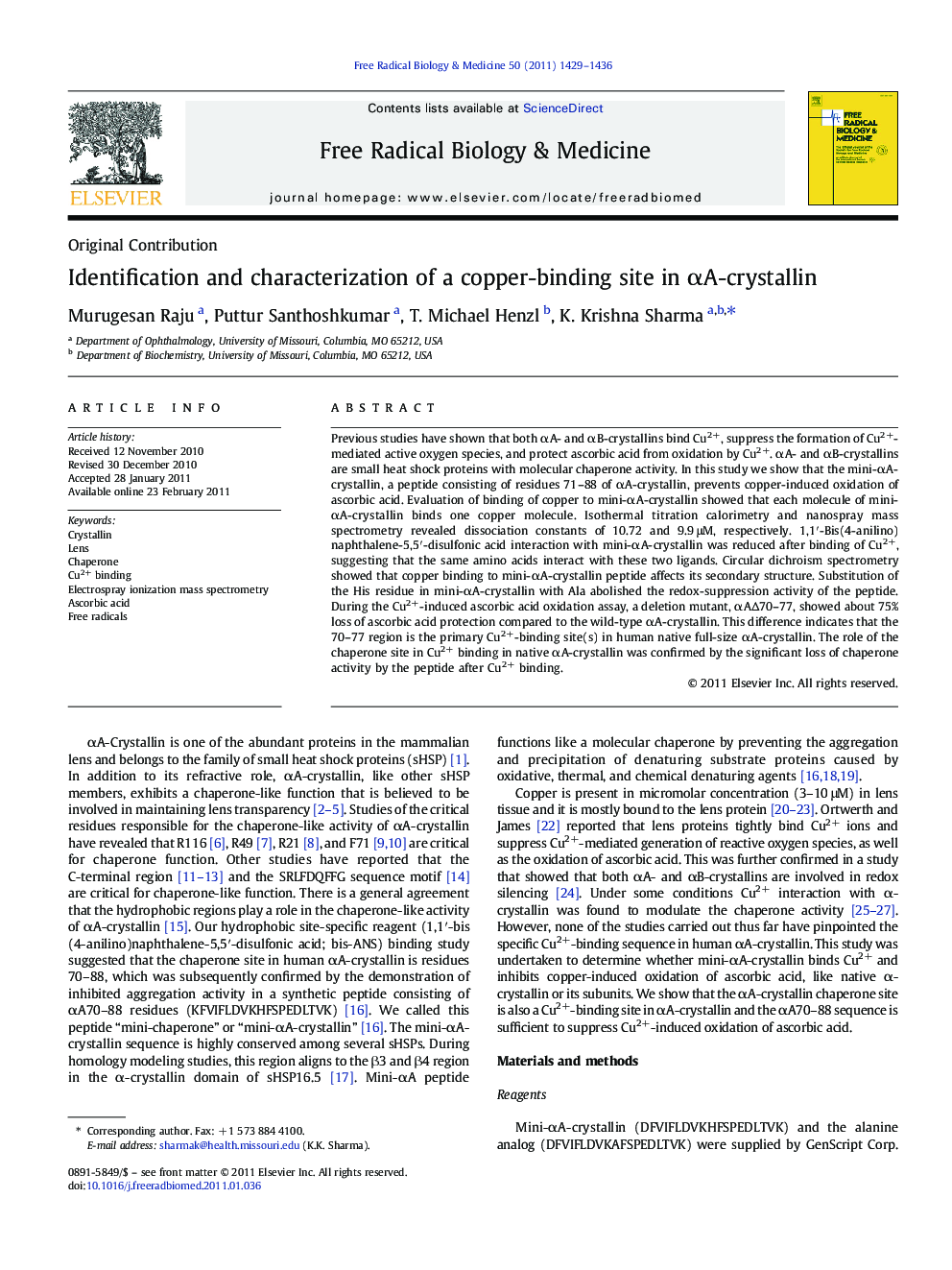 Identification and characterization of a copper-binding site in Î±A-crystallin