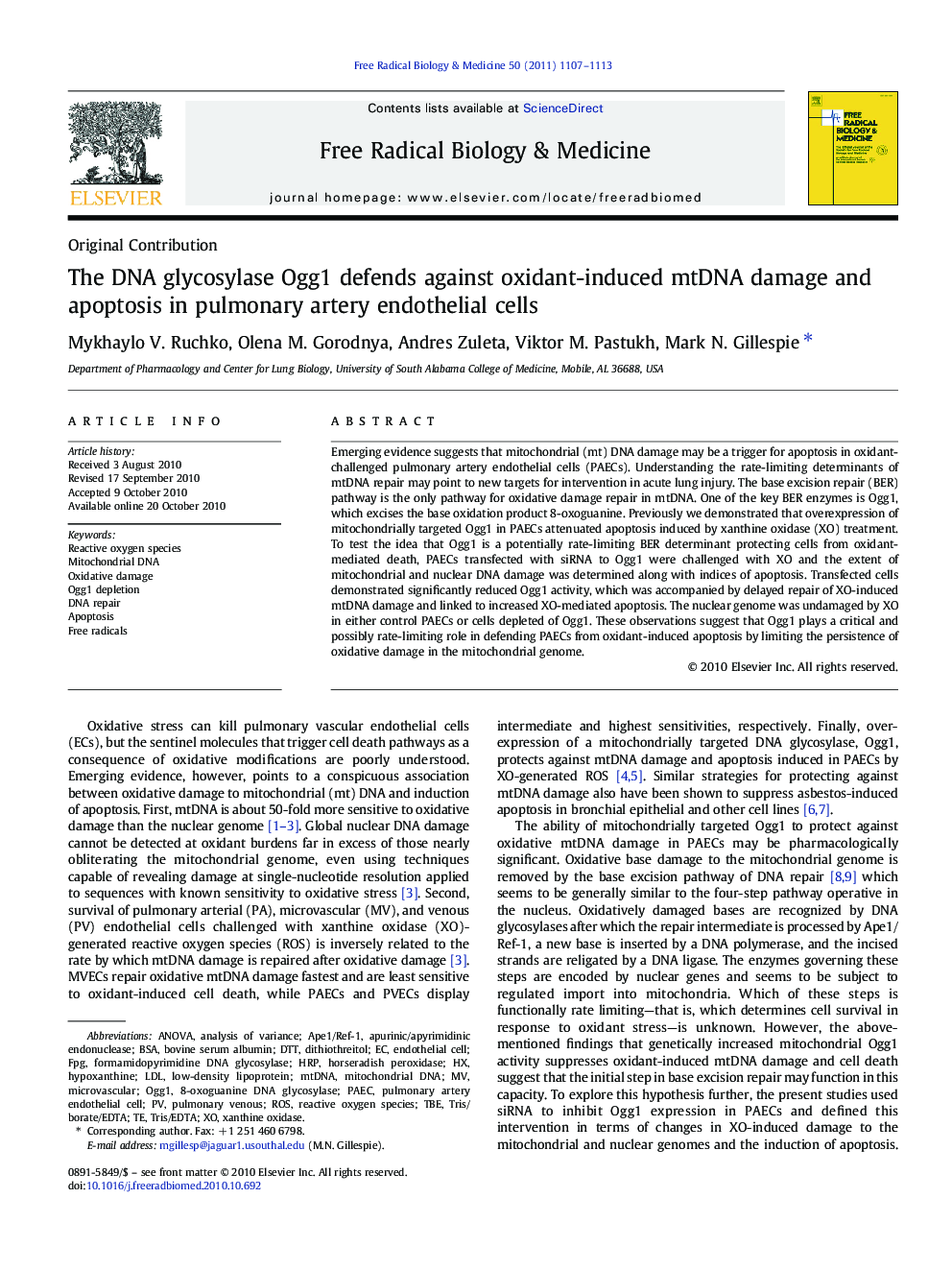 The DNA glycosylase Ogg1 defends against oxidant-induced mtDNA damage and apoptosis in pulmonary artery endothelial cells