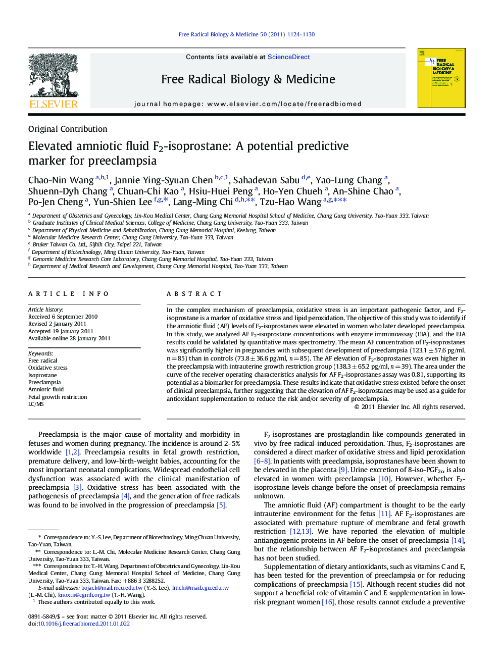 Elevated amniotic fluid F2-isoprostane: A potential predictive marker for preeclampsia