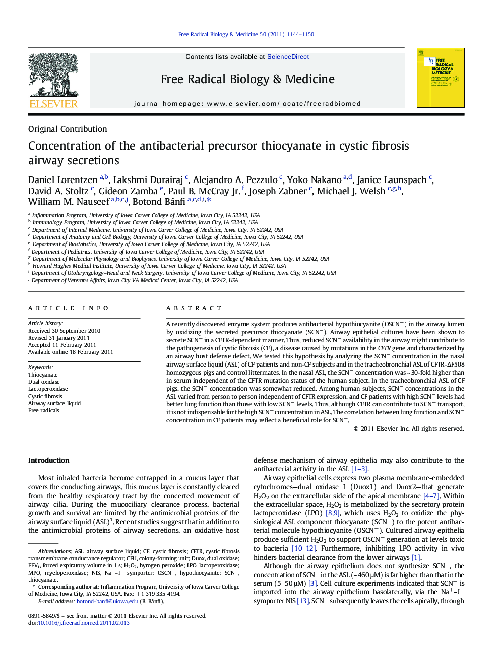 Concentration of the antibacterial precursor thiocyanate in cystic fibrosis airway secretions