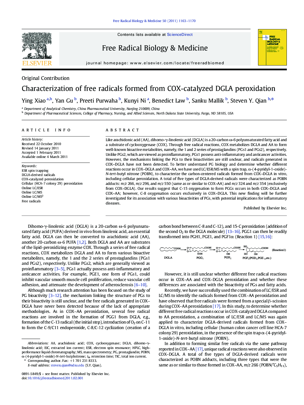 Characterization of free radicals formed from COX-catalyzed DGLA peroxidation