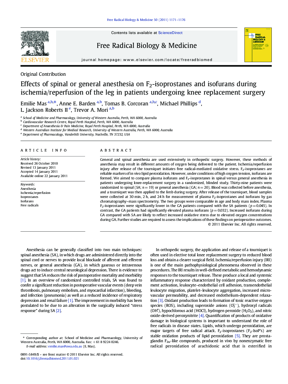 Effects of spinal or general anesthesia on F2-isoprostanes and isofurans during ischemia/reperfusion of the leg in patients undergoing knee replacement surgery