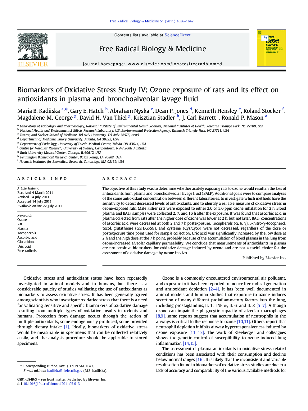 Biomarkers of Oxidative Stress Study IV: Ozone exposure of rats and its effect on antioxidants in plasma and bronchoalveolar lavage fluid