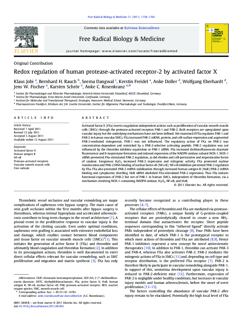 Redox regulation of human protease-activated receptor-2 by activated factor X