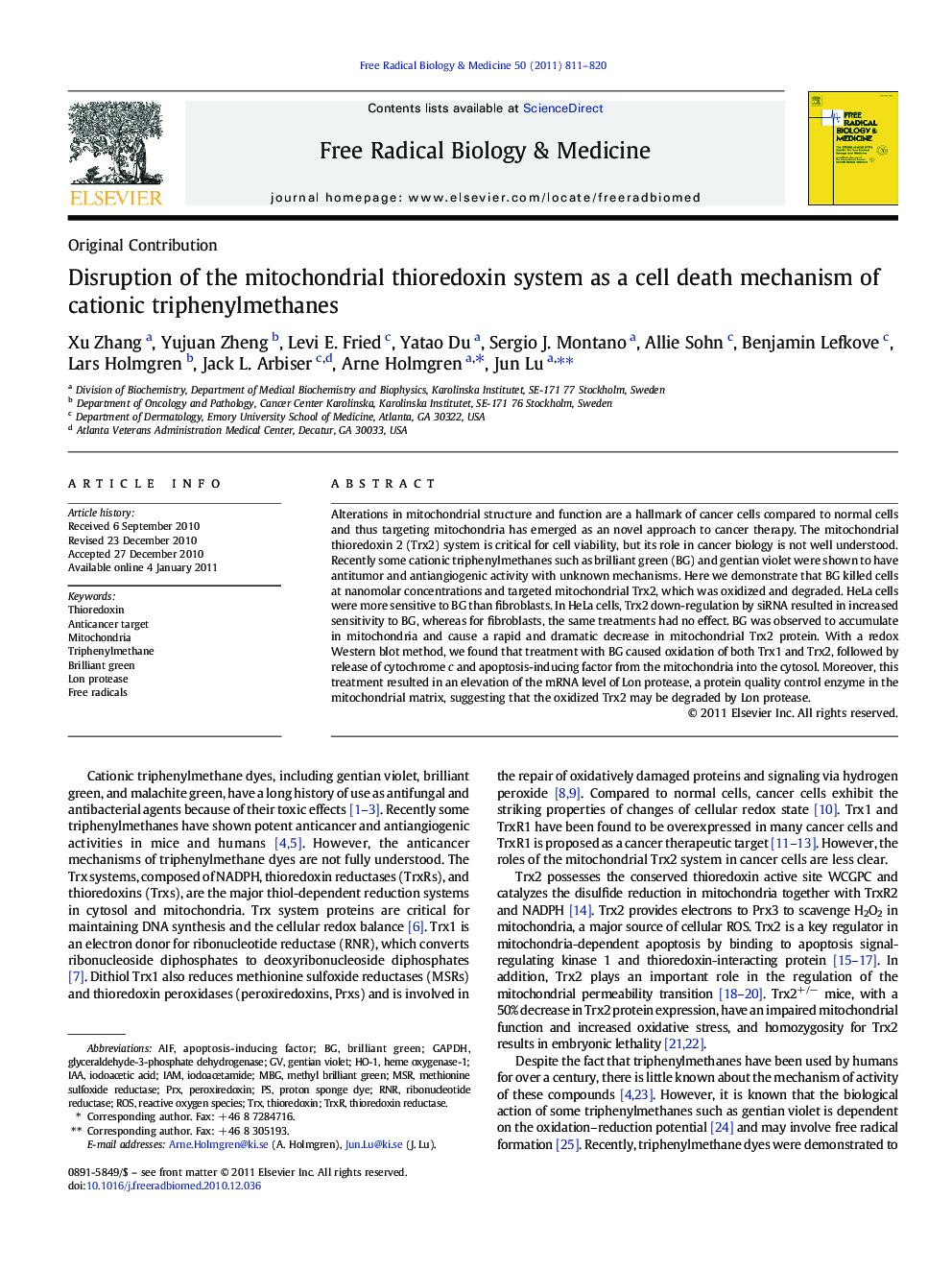 Disruption of the mitochondrial thioredoxin system as a cell death mechanism of cationic triphenylmethanes