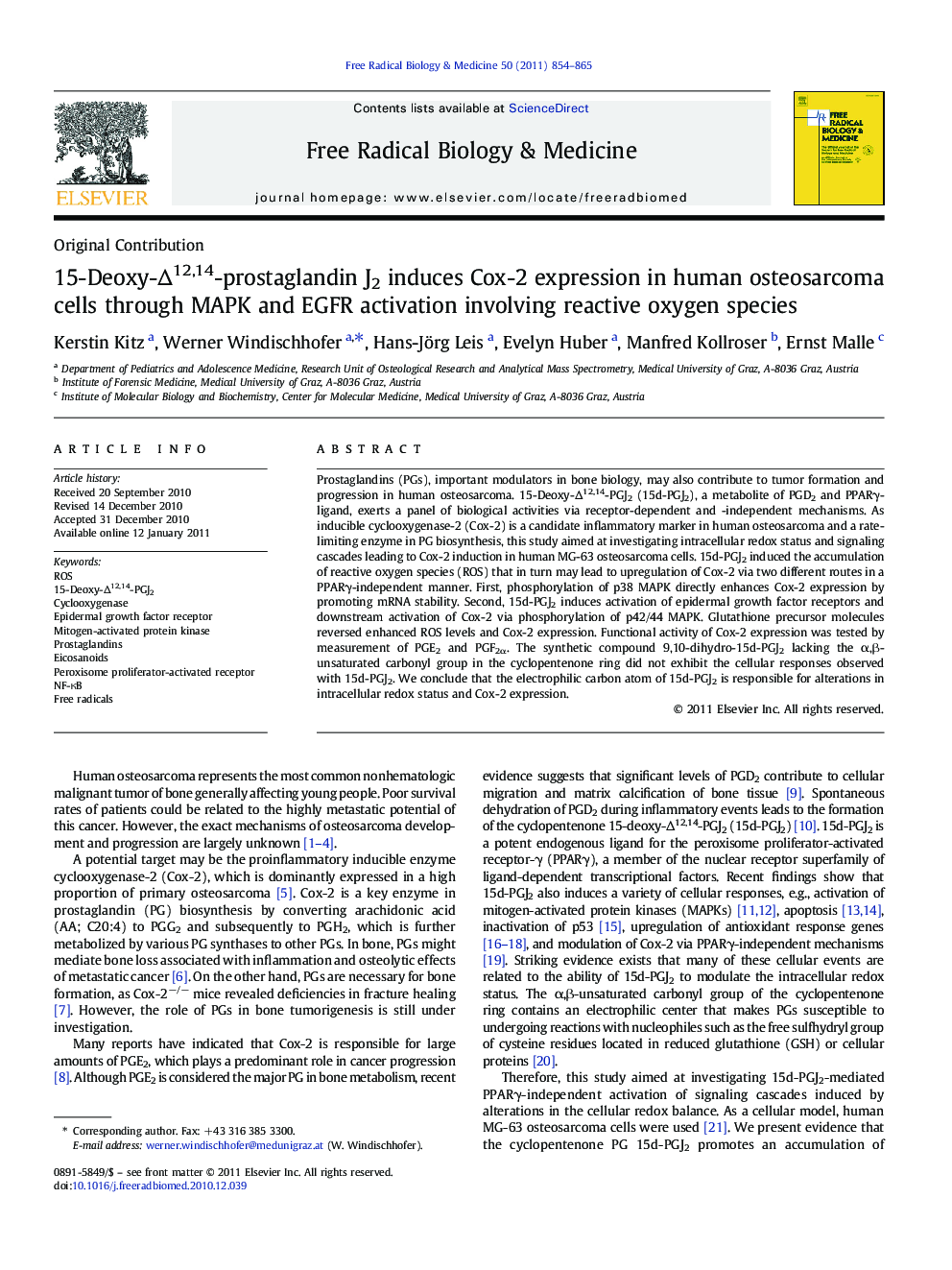 15-Deoxy-Î12,14-prostaglandin J2 induces Cox-2 expression in human osteosarcoma cells through MAPK and EGFR activation involving reactive oxygen species