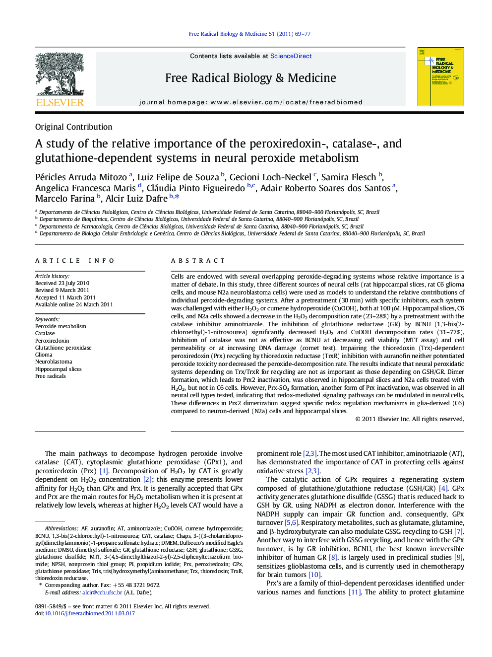 A study of the relative importance of the peroxiredoxin-, catalase-, and glutathione-dependent systems in neural peroxide metabolism