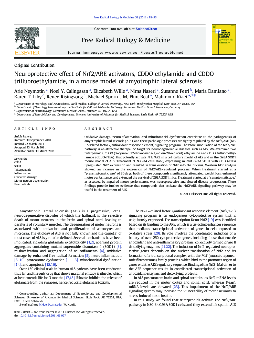 Neuroprotective effect of Nrf2/ARE activators, CDDO ethylamide and CDDO trifluoroethylamide, in a mouse model of amyotrophic lateral sclerosis