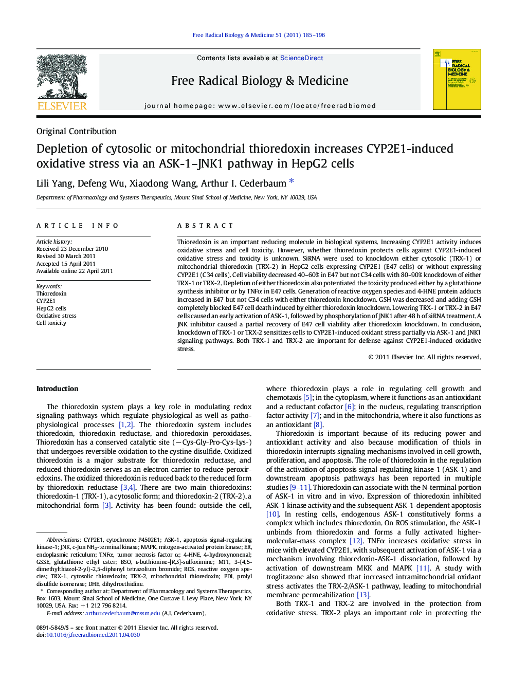 Depletion of cytosolic or mitochondrial thioredoxin increases CYP2E1-induced oxidative stress via an ASK-1-JNK1 pathway in HepG2 cells