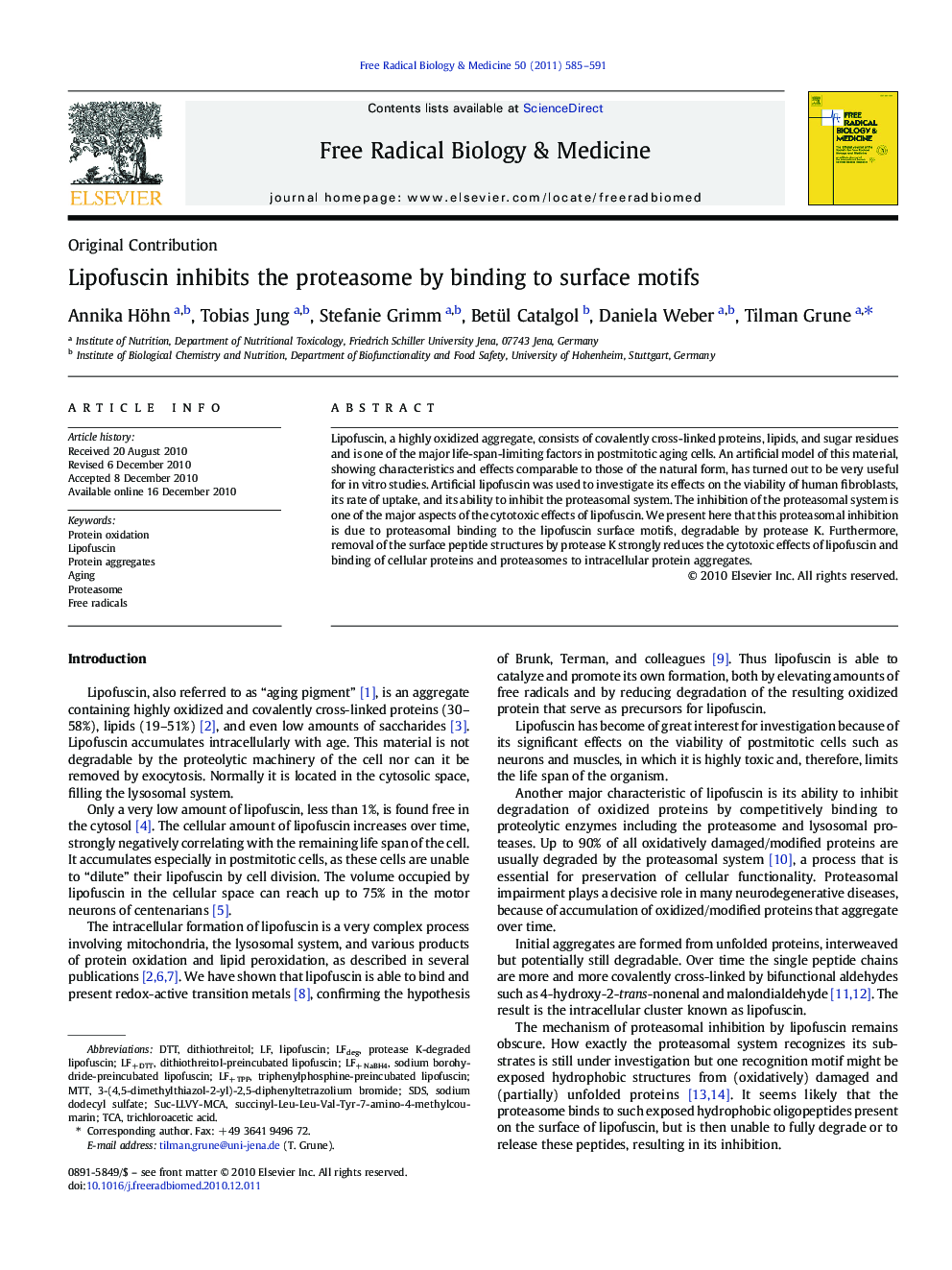 عکس صفحه اول مقاله: Lipofuscin inhibits the proteasome by binding to surface motifs Lipofuscin inhibits the proteasome by binding to surface motifs