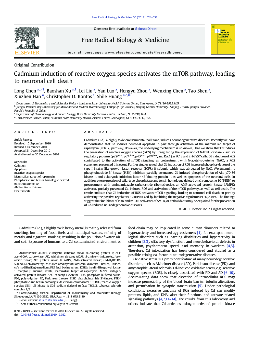 Cadmium induction of reactive oxygen species activates the mTOR pathway, leading to neuronal cell death