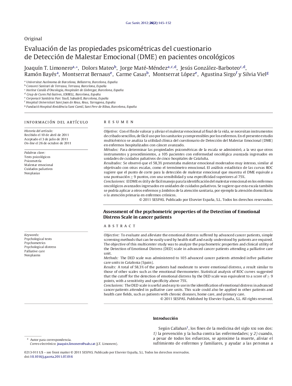 Evaluación de las propiedades psicométricas del cuestionario de Detección de Malestar Emocional (DME) en pacientes oncológicos