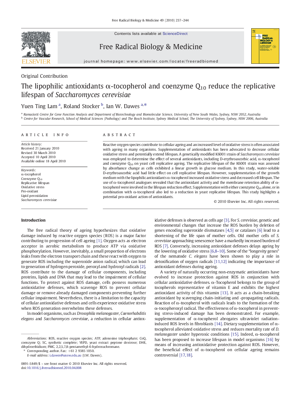 The lipophilic antioxidants Î±-tocopherol and coenzyme Q10 reduce the replicative lifespan of Saccharomyces cerevisiae