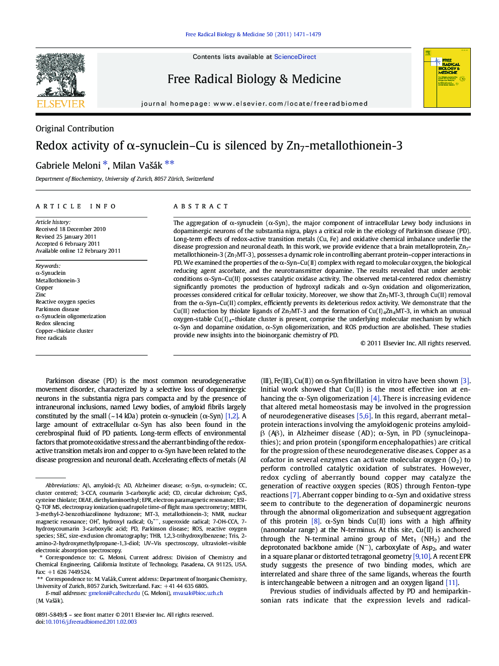 Redox activity of Î±-synuclein-Cu is silenced by Zn7-metallothionein-3