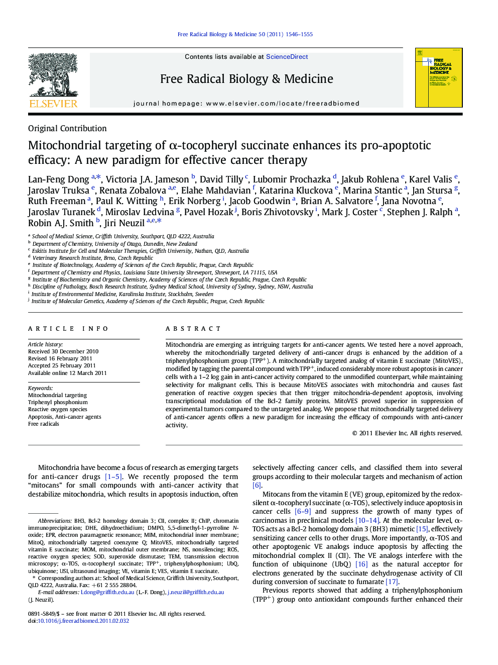 Mitochondrial targeting of Î±-tocopheryl succinate enhances its pro-apoptotic efficacy: A new paradigm for effective cancer therapy