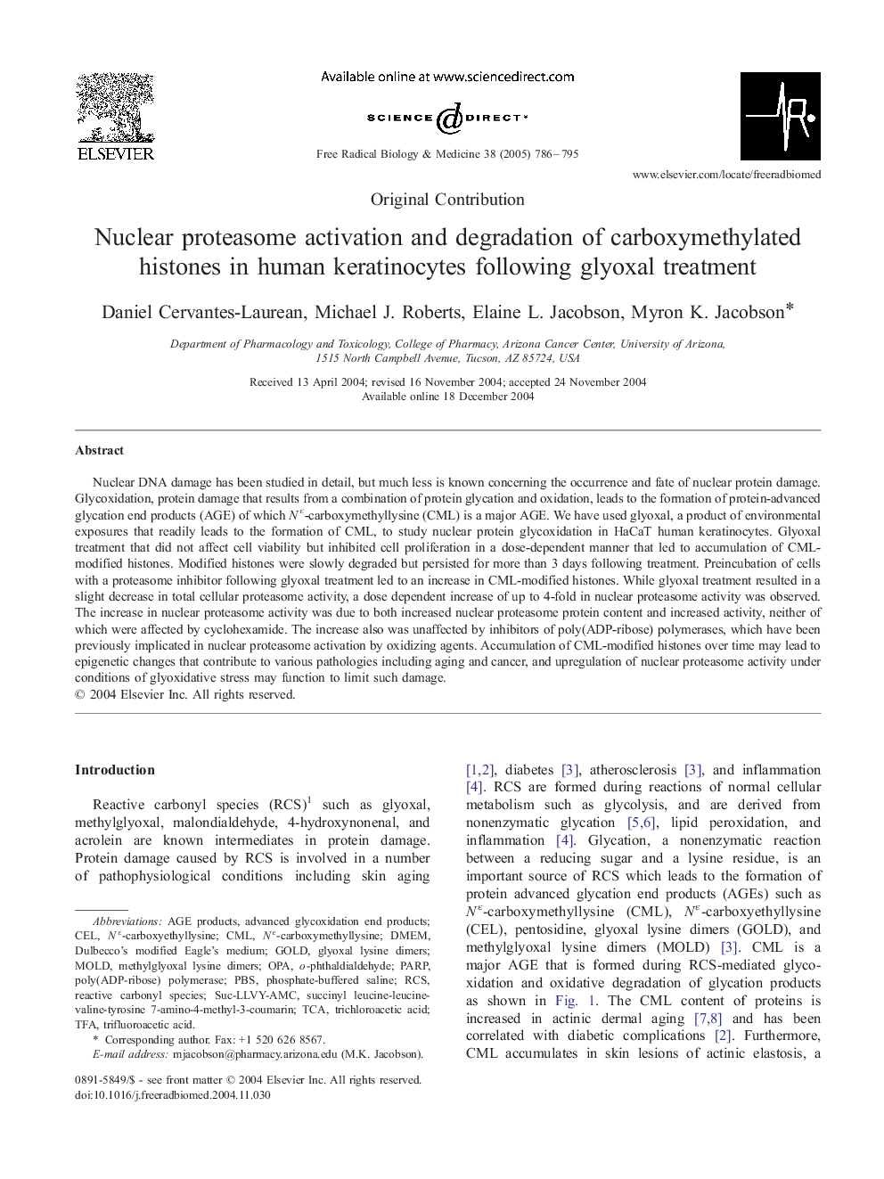 Nuclear proteasome activation and degradation of carboxymethylated histones in human keratinocytes following glyoxal treatment