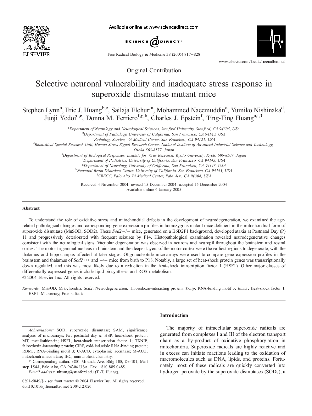 Selective neuronal vulnerability and inadequate stress response in superoxide dismutase mutant mice