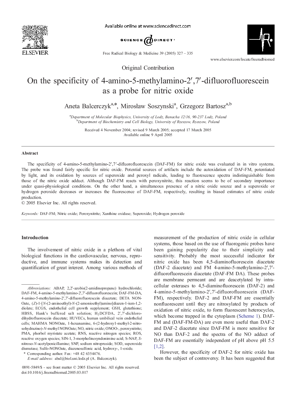 On the specificity of 4-amino-5-methylamino-2â²,7â²-difluorofluorescein as a probe for nitric oxide