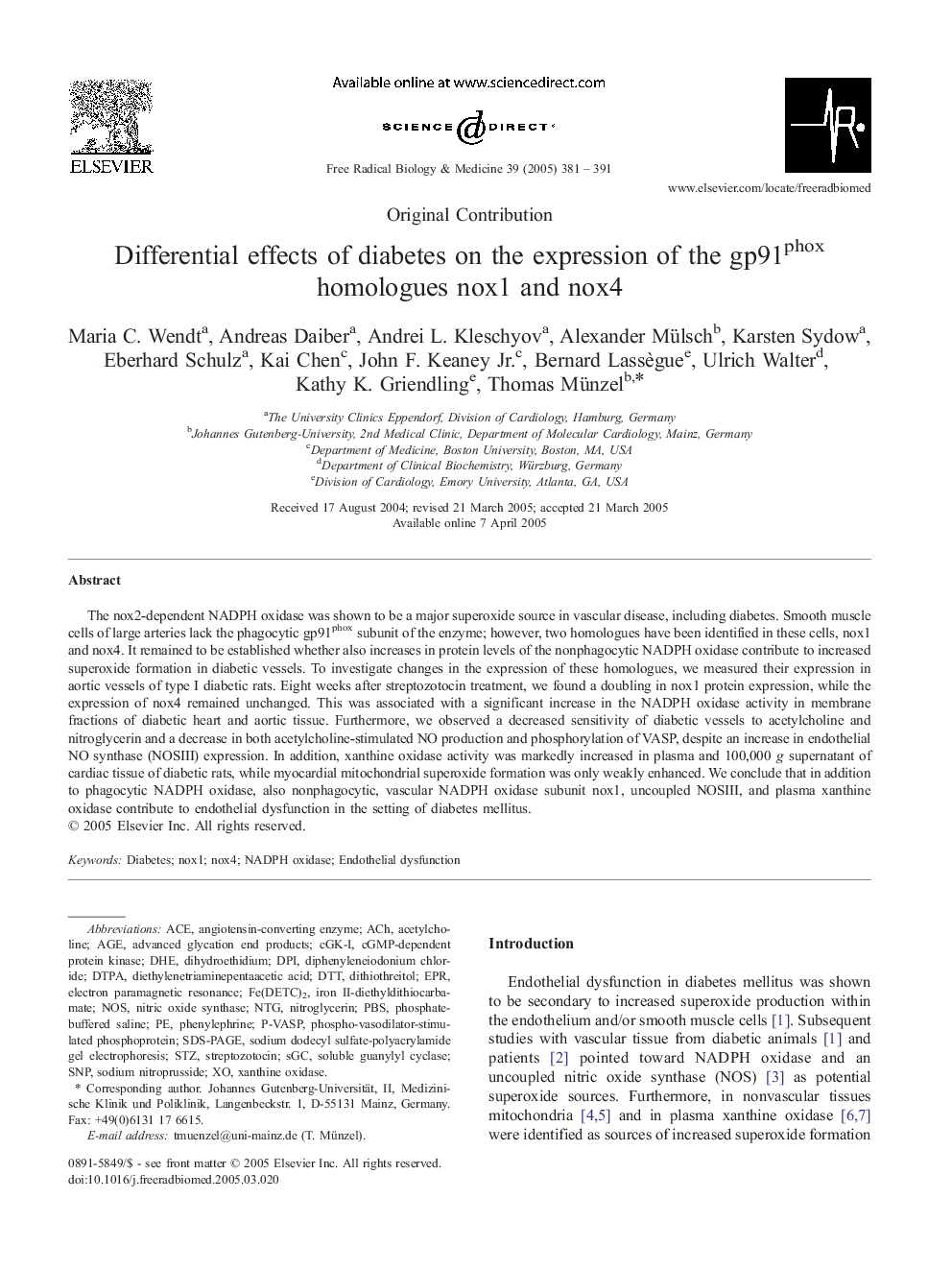 Differential effects of diabetes on the expression of the gp91phox homologues nox1 and nox4